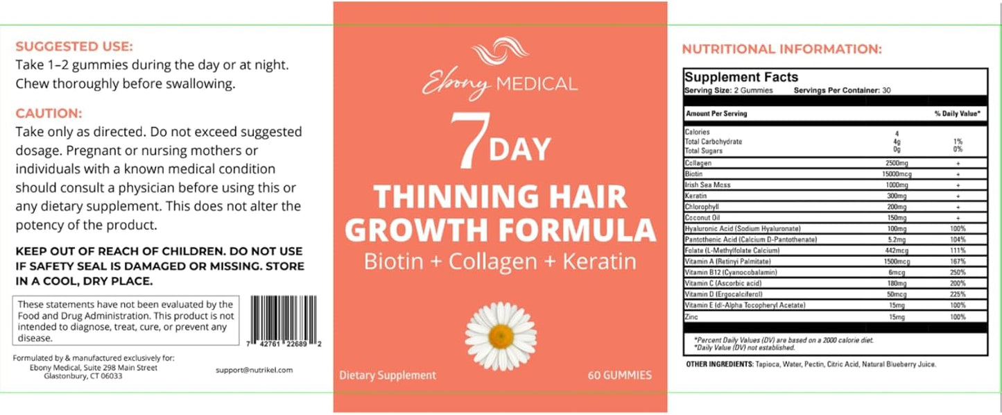 Ebony Medical 7 Day Thinning Hair Growth Formula Gummies – Biotin Collagen Keratin Irish Sea Moss and Vitamins for Stronger Thicker Hair Skin and Nails – 60 Gummies