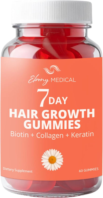 Ebony Medical 7 Day Thinning Hair Growth Formula Gummies – Biotin Collagen Keratin Irish Sea Moss and Vitamins for Stronger Thicker Hair Skin and Nails – 60 Gummies