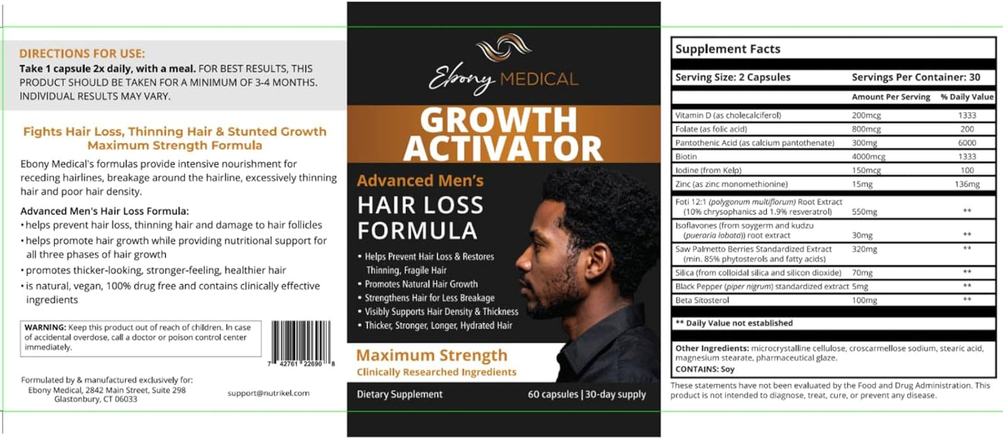 Ebony Medical Hair Growth Activator – Advanced Men’s Hair Loss Formula Supports Thicker Fuller Hair Biotin Saw Palmetto and DHT Blocker Supplement - 60 Capsules